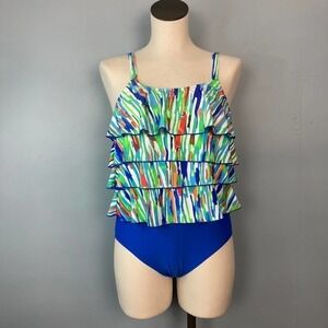 𝅺ceeb Multicolored Royal Blue Ruffle Tiered One Piece Swimsuit Women's Size 10